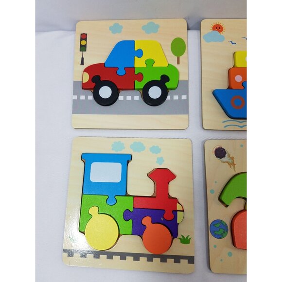 SKYFIELD Wooden Vehicle 6 Puzzles Montessori Color Shapes Car Boat Train Plane - Picture 2 of 4